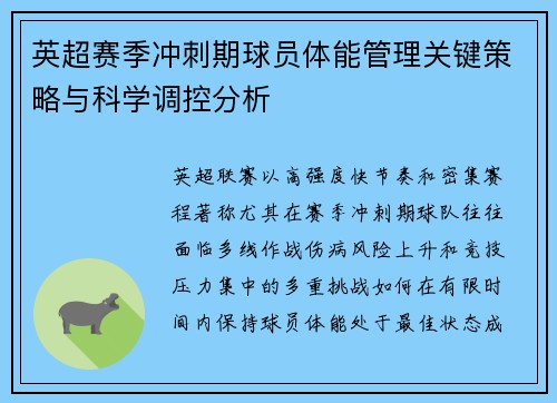 英超赛季冲刺期球员体能管理关键策略与科学调控分析